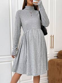 SHEIN Thai sản Áo cao cổ Đồ đan Ribbed Đầm - Xám - Xem 4