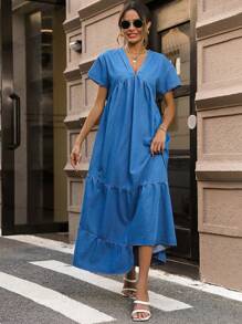 SHEIN Privé Chất rắn Xù Hoa Sen Denim Váy Smock - Màu xanh lam - Xem 3