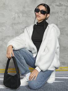 青少年女孩字母貼布落肩袖連帽毛絨夾克 - 白色 - 查看 3