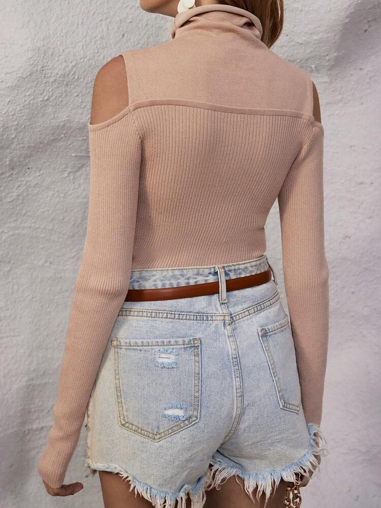 Cold Shoulder Ribbed Knit Pullover Fall Winter Sweater