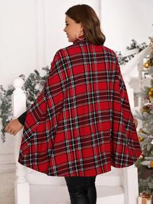 SHEIN Clasi 大碼格紋印花連帽粗呢斗篷大衣 - 紅色 - 查看 2