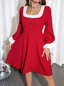 SHEIN Unity 大碼拼接邊方領燈籠袖洋裝 - 紅色 - 查看 4