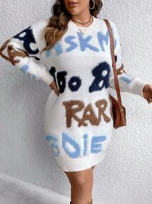Calvaya Plus Letter Pattern Drop Shoulder Sweater Dress, For Winter Fall Cloth For Women
