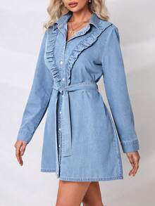 SHEIN Privé 荷葉邊腰帶牛仔洋裝 - 淺色水洗藍 - 查看 4