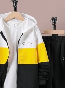 SHEIN Conjunto de moletom com capuz e calça de moletom para meninos pré-adolescentes, lã espessada, casual, solta, bloco de cores