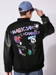 SHEIN Teen Boy 1pc Slogan & Cartoon Graphic Drop Shoulder Contrast PU Leather Bomber Jacket - Black - View 3