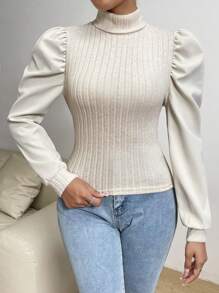 SHEIN Privé Lantern Sleeve Turtleneck Top - Apricot - View 6