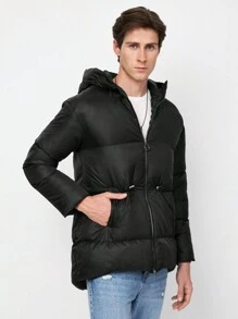 RueChic Men Drawstring Waist Hooded Puffer Coat - Black - View 2