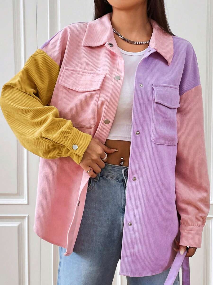 SHEIN EZwear Colorblock Flap Pocket Drop Shoulder Corduroy Coat - Multicolor - View 1