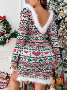 Allurite 大碼心和幾何印花毛茸邊露背緊身洋裝 - 彩色 - 查看 1