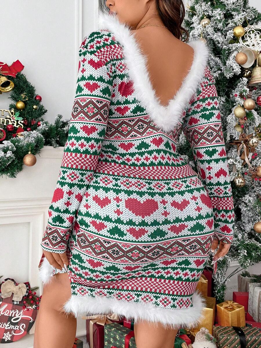 Allurite 大碼心和幾何印花毛茸邊露背緊身洋裝 - 彩色 - 查看 1