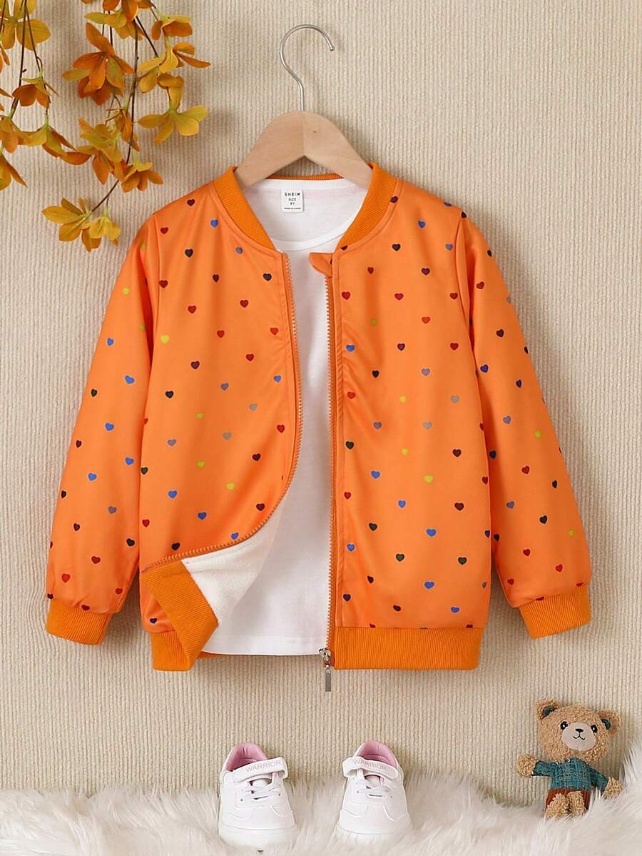 SHEIN Cô Gái Trẻ 1 Miếng In Trái tim Dây kéo Áo khoác bomber - trái cam - Xem 1