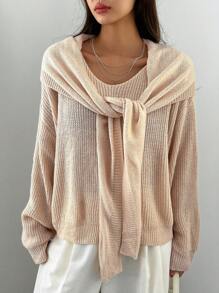 DAZY Solid Drop Shoulder Sweater With Scarf Fall