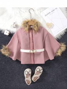 SHEIN Young Girl Fuzzy Trim Belted Cape Overcoat - Baby Pink - View 1