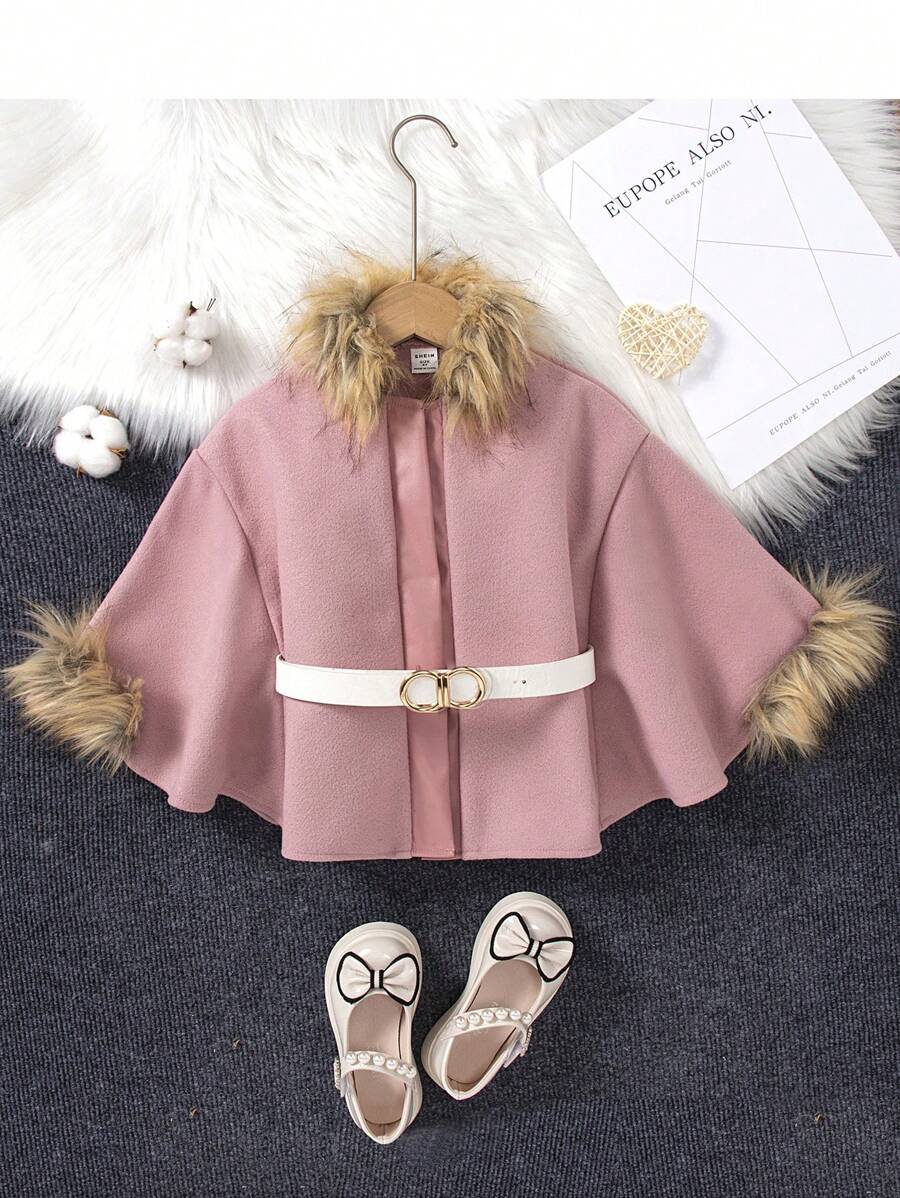 SHEIN Young Girl Fuzzy Trim Belted Cape Overcoat - Baby Pink - View 1