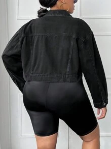 SHEIN SXY 大碼翻蓋口袋落肩袖牛仔夾克 - 黑色 - 查看 2