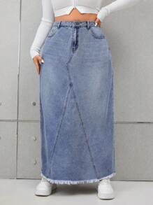 SHEIN EZwear Plus Jupe En Jean Taille Haute Ourlet Effiloché - Bleu azur - Voir 1