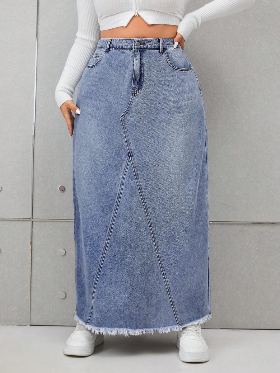 SHEIN EZwear Plus Jupe En Jean Taille Haute Ourlet Effiloché - Bleu azur - Voir 1