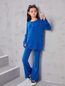 Tween Girl Button Detail Ribbed Knit Tee & Flare Leg Pants - Blue - View 2