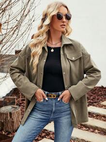 SHEIN LUNE Thả vai Túi có nắp Áo khoác vải nhung - xanh quân đội - Xem 5