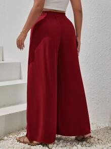 SHEIN VCAY Plus Tie Front Wide Leg Pants - Burgundy - View 2