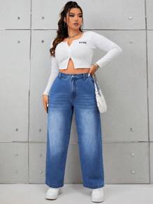 SHEIN EZwear 大碼斜口袋牛仔褲 - 中等水洗藍 - 查看 4