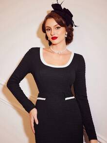 SHEIN DECDS Contrast Trim Square Neck Bodycon Dress - Black and White - View 8