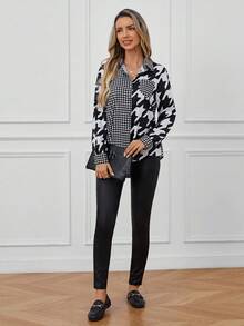 EMERY ROSE Houndstooth Print Pocket Patched Shirt - Black and White - View 6