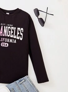 SHEIN Tween Girl Letter Graphic Tee - Black - View 4