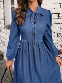 EMERY ROSE Tie Neck Lantern Sleeve Ruffle Hem Denim Dress, Fall Women Clothes
