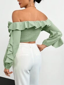 Firerie Camisa crop de hombros descubiertos ribete con fruncido de manga farol - verde menta - Ver 2