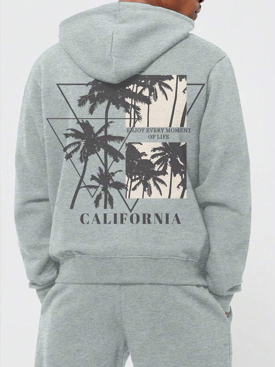 Men's Graphic Hooded Drawstring Sweatshirt - Grey - View 1