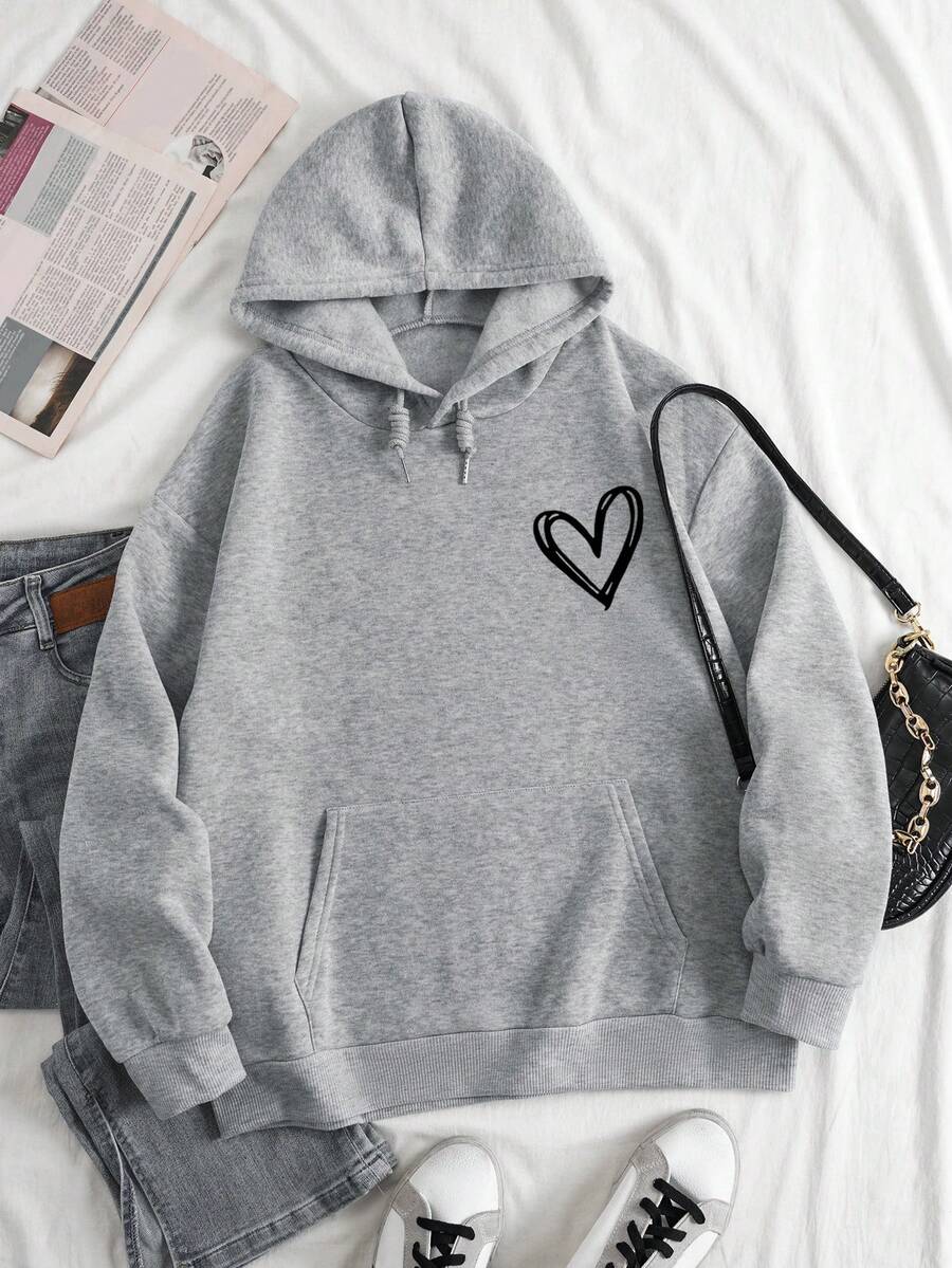 SHEIN EZwear 愛心圖案袋鼠口袋抽繩加絨內裏連帽衫 - 淺灰色 - 查看 1