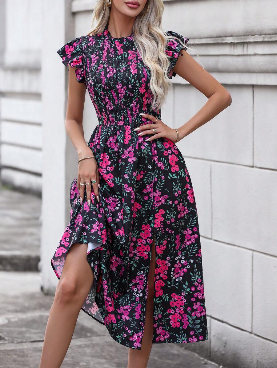 SHEIN LUNE In hoa áo tay bướm Tách đùi Đầm - màu đen - Xem 1