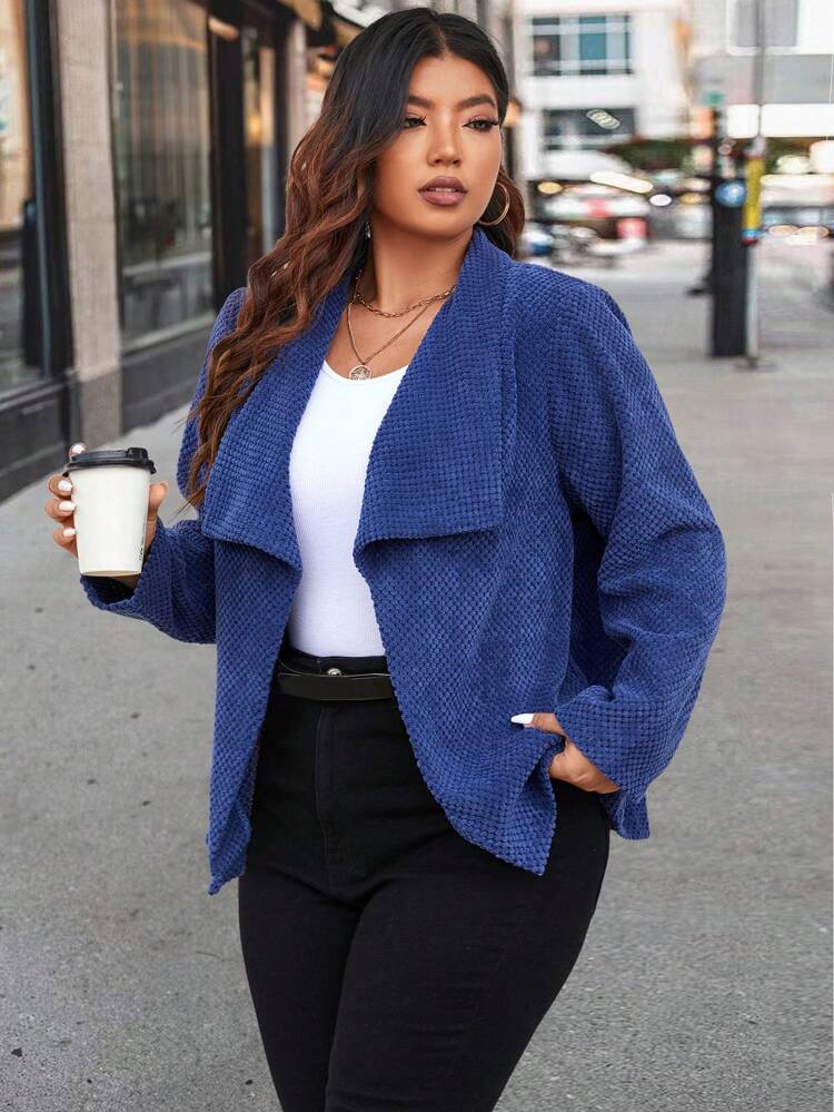 Plus Waterfall Collar Open Front Teddy Coat