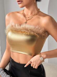 SHEIN PETITE Fuzzy Trim Crop Tube Top - Gold - View 4
