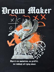 Manfinity EMRG 男士寬鬆連帽衫,口號和圖形印花,袋鼠口袋和束帶 - 黑色 - 查看 4