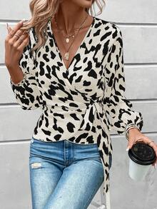 SHEIN Clasi Leopard Print Lantern Sleeve Knot Side Wrap Blouse - Multicolor - View 6