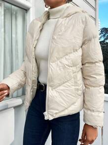 EURMUSE Zip Up Hooded Puffer Coat - Apricot - View 5