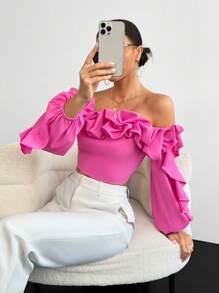 SHEIN Privé Off Shoulder Ruffle Trim Lantern Sleeve Going Out Black Crop Top - Hot Pink - View 5