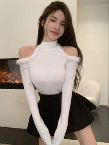 DAZY 女式毛绒拼布露肩高领针织毛衣，秋冬 - 白色 - 查看 2