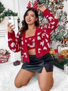 Flirla 大碼圖形圖案落肩袖開襟衫&針織短上衣 - 彩色 - 查看 6