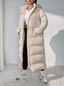 SHEIN EZwear Zip Up Snap Button Side Hooded Padded Coat In Fall/Winter - Apricot - View 5