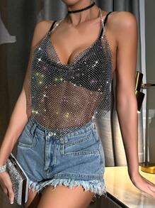 VaVaBold Rhinestone Studded Fishnet Overlay Cami Top For Holiday Party Clothes - Black - View 5