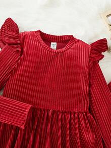 女大童荷葉邊荷葉邊下擺絲絨上衣和緊身褲 - 紅色 - 查看 5