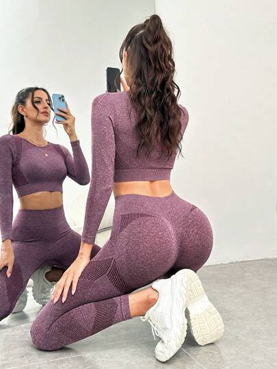 Easithlete Women Seamless Raglan Sleeve Sports Set Outfit Set For Chinese New Year Workout Women Set Women Leggings Set Gym Women Outfit