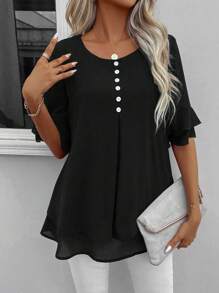EMERY ROSE Flare Sleeve Half Button Blouse - Black - View 1