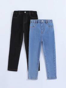 SHEIN Explorewe Young Girl 2pcs Solid Slant Pocket Jeans - Multicolor - View 1