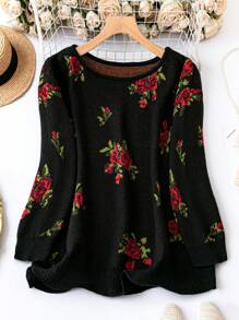 SHEIN LUNE Plus Floral Pattern Drop Shoulder Sweater - Black - View 1