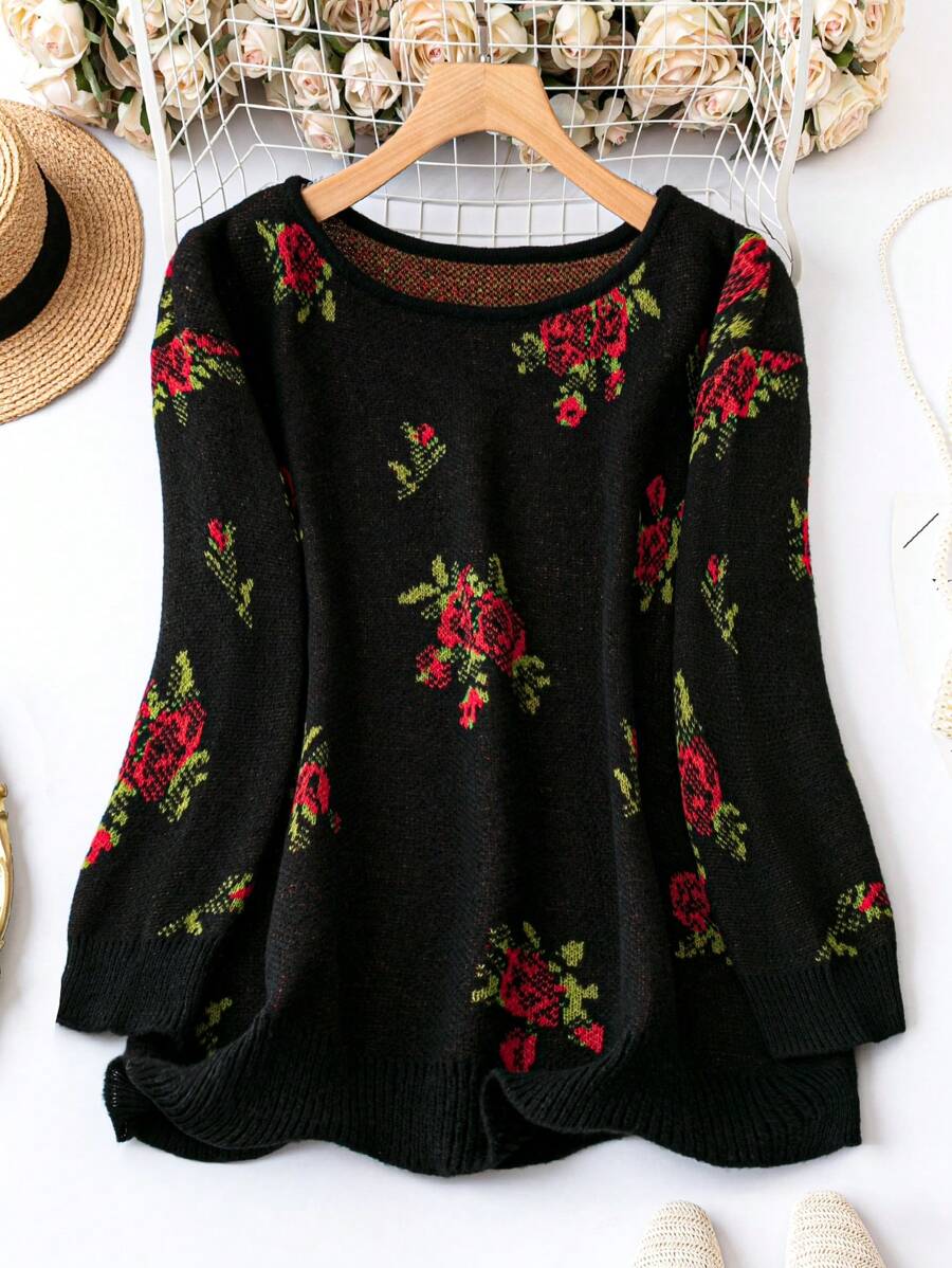SHEIN LUNE Plus Floral Pattern Drop Shoulder Sweater - Black - View 1